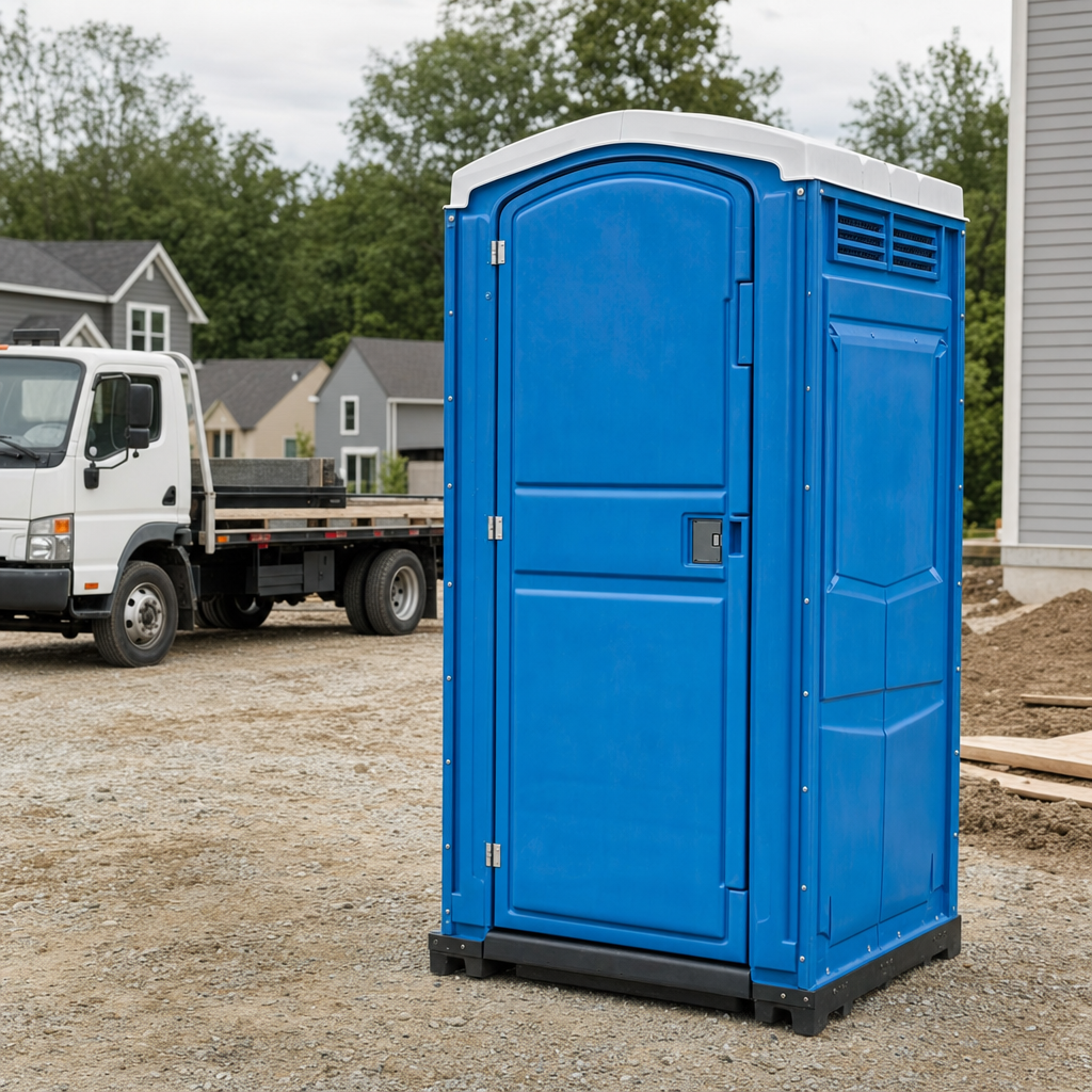 Delivery driver positioning a clean royal-blue portable toilet on level ground at a Mckinney worksite