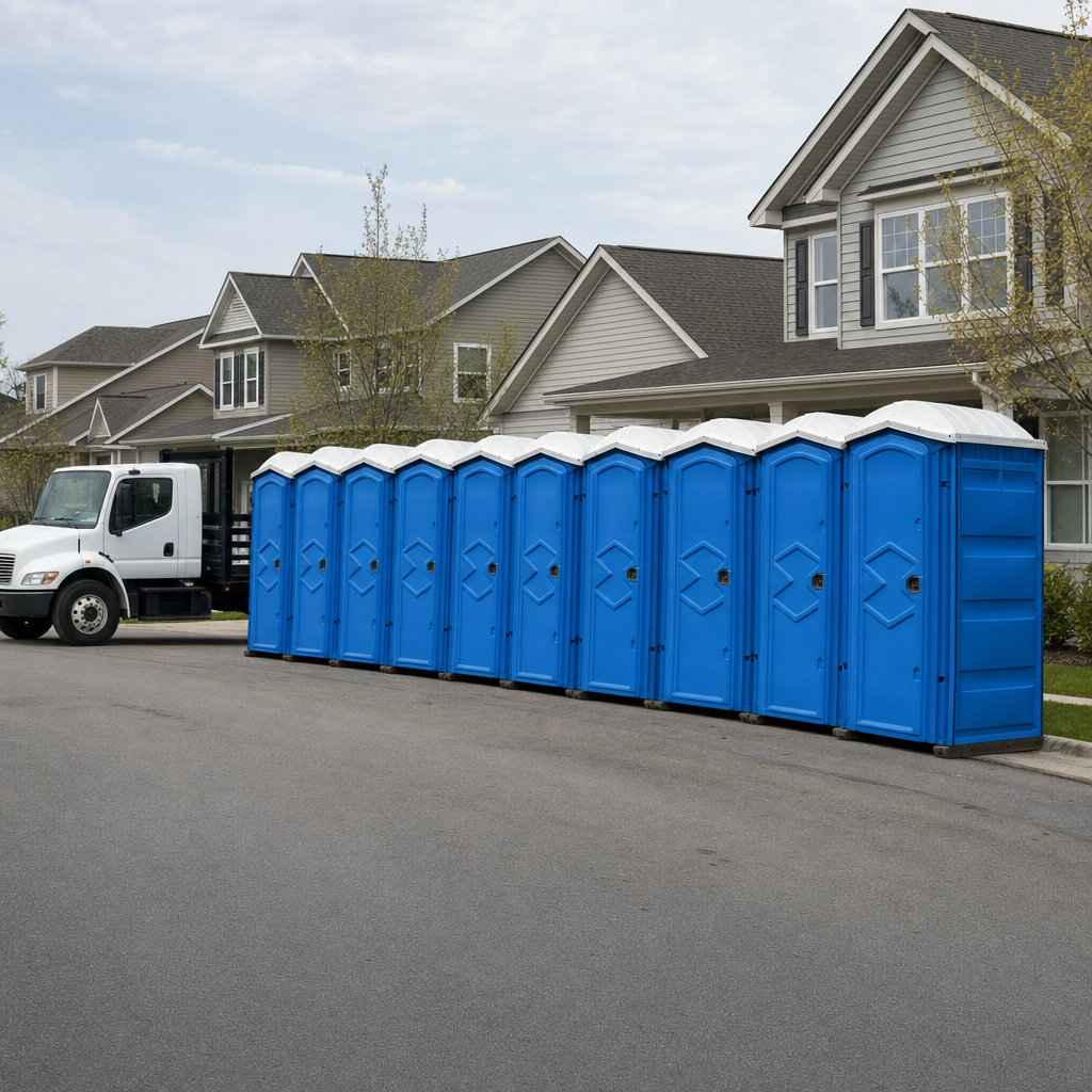 Royal blue portable toilets staged in a tidy row at a Mckinney jobsite, ready for delivery